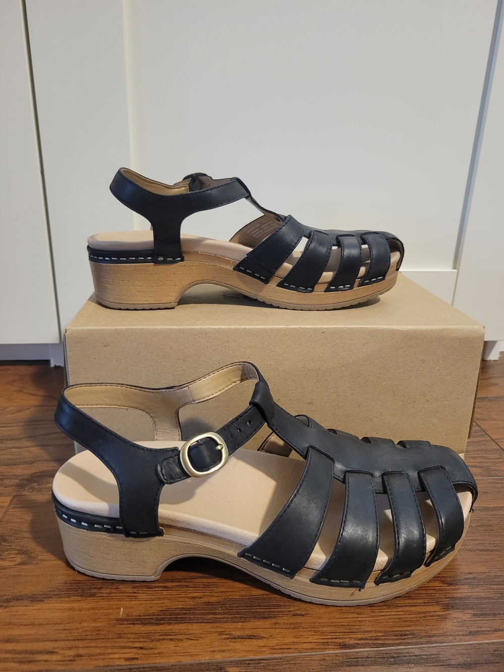 Dansko Black Leather Strappy Clog Sandals